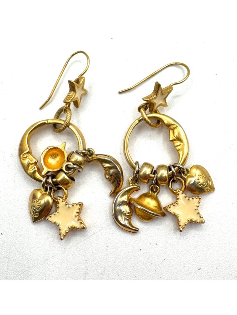 Moon Heart Stars Gold Tone Hook Earrings